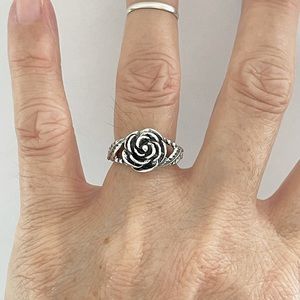 Sterling Silver Rose Ring with Leaves, Flower Ring, Silver Ring, Leaf Ring